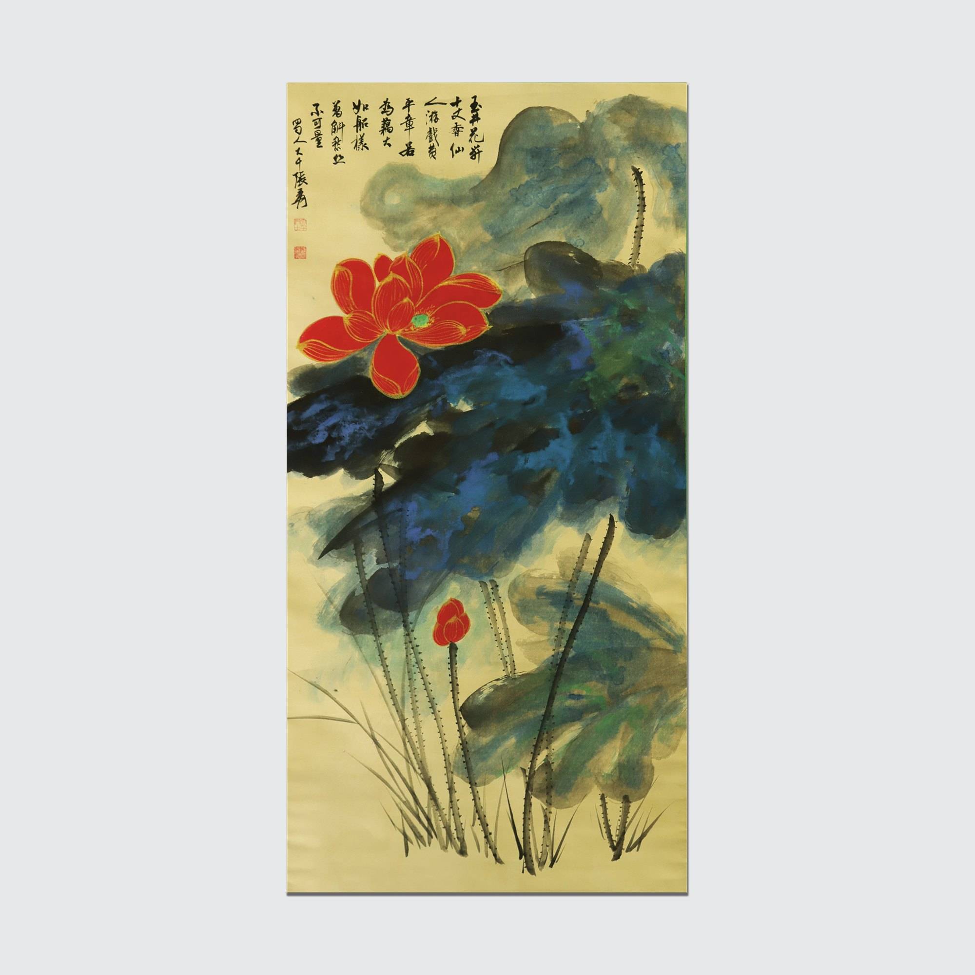 潑彩金線紅荷圖
